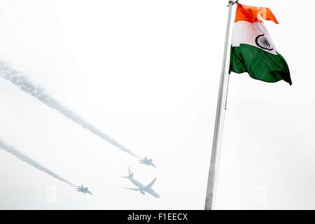A military flyover takes place despite inclement weather during the Republic Day Parade January 26, 2015 in New Delhi, India. Stock Photo
