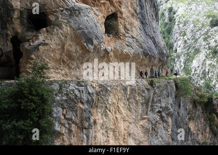 Walkers on the trail through the Cares Gorge near Poncebos in the Picos de Europa national park Stock Photo