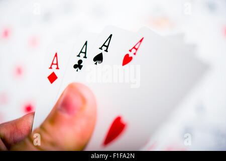 Four Aces in the Hand. Poker Theme. Gambling Photo. Stock Photo