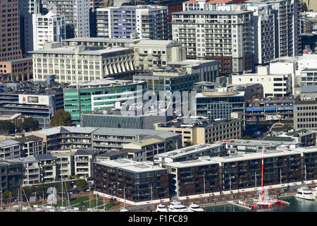 Apartments and offices, Viaduct Harbour, Auckland waterfront, Auckland, North Island, New Zealand - aerial Stock Photo