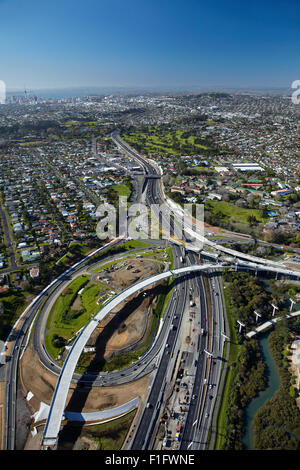 North-Western Motorway and construction of Waterview Connection, Auckland, North Island, New Zealand - aerial Stock Photo