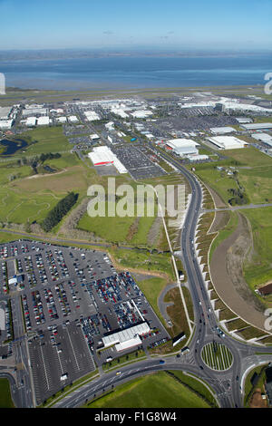 Car park and Auckland Airport, Auckland, North Island, New Zealand - aerial Stock Photo