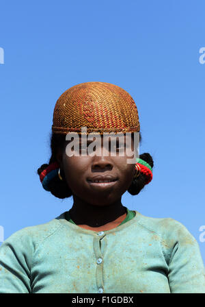 A betsileo woman wearing a traditional betsileo hat. Stock Photo