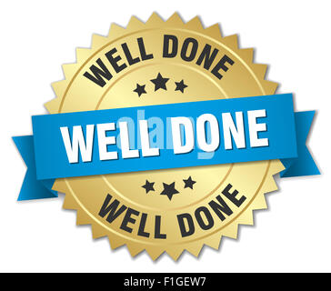 well done 3d gold badge with blue ribbon Stock Photo