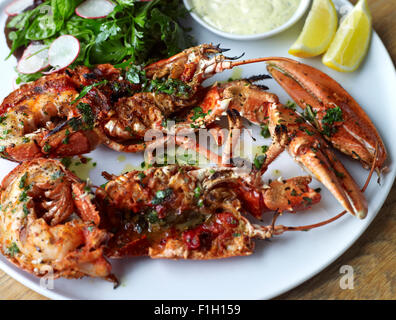 Lobster or other Shellfish presented on a plate with Lemon, Tartar sauce, seasoning, and a salad. Stock Photo