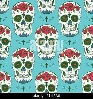 Sketch mexican skull in vintage style, vector seamless pattern Stock Vector
