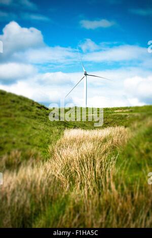 View of wind turbine in moorland field, UK Stock Photo