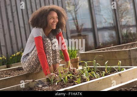 Mid adult woman sitting on raised bed of plants, smiling Stock Photo