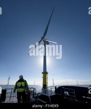 Worker on tender service ship on offshore windfarm