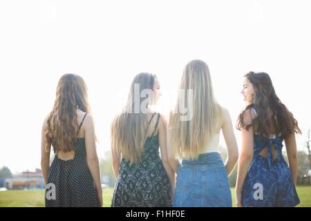 Rear view of four teenage girls chatting in park Stock Photo