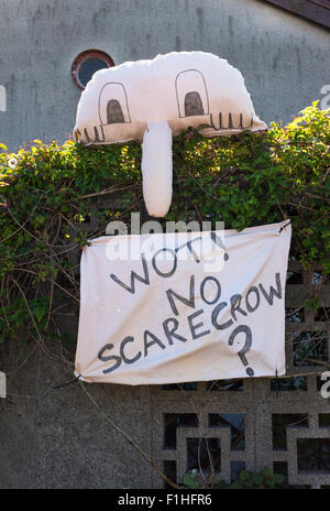 WOT! No Scarecrow? Staining is a small picturesque village on the outskirts of Blackpool in Lancashire and every year the villagers produce their own scarecrows that are exhibited along the roadside, in their gardens and on the village green. Stock Photo