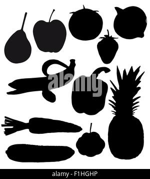 fruits and vegetables are black silhouettes vector illustration isolated on white background Stock Vector