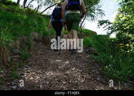 Rear view of mature male and female hikers hiking up path Stock Photo