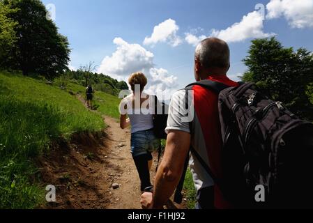 Rear view of three mature hikers hiking up path Stock Photo