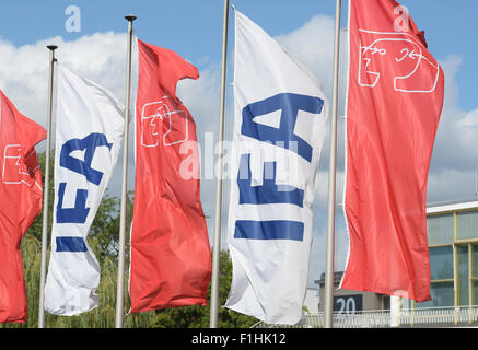 Berlin, Germany. 2nd Sep, 2015. Flags of the International Consumer Electronics Fair 'IFA' wave in the wind, on the exhibition grounds in Berlin, Germany, 2 September 2015. The fair will take place from 4 to 9 September 2015. Credit:  dpa picture alliance/Alamy Live News Stock Photo