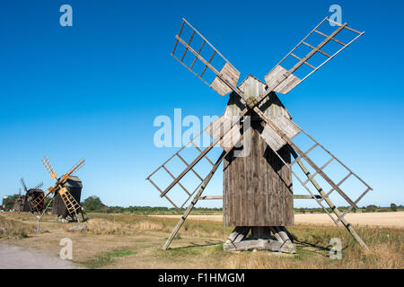 Traditional windmills on Swedish island Oland in the Baltic Sea. Stock Photo