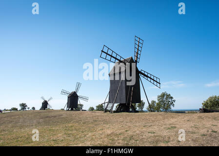 Traditional windmills on Swedish island Oland in the Baltic Sea. Stock Photo
