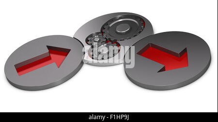 Input process and output model. Two metal cylinders with red arrows inside and one with gears over white background. Stock Photo