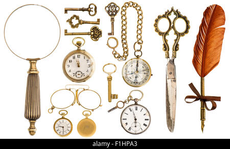 Collection of golden vintage accessories and antique objects. Stock Photo