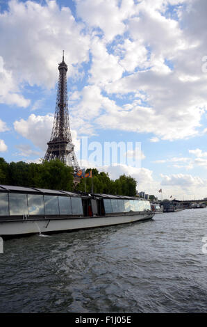 The Eiffel Tower seen from a cruise boat on The River Seine. Stock Photo