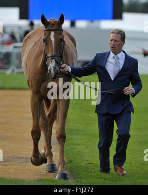 Stamford, Lincs, UK. 2nd September, 2015. Oliver Townend (GBR) presents Armada [#94] at the first vet inspection. The Land Rover Burghley Horse Trials 2015 Credit:  Stephen Bartholomew/Alamy Live News Stock Photo