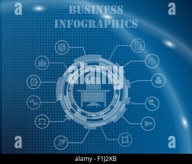 Business Infographic Template From Technological Gear Sign, Lines and Icons. Elegant Design With Transparency on Blue Checkered Background With Light Lines and Flash on It. Vector Illustration. Stock Vector