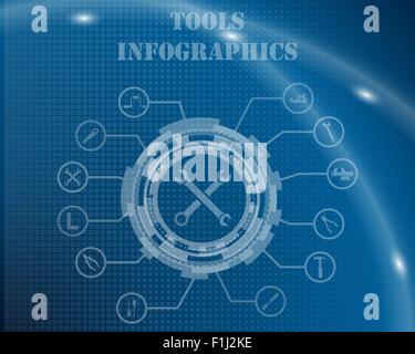 Tools Infographic Template From Technological Gear Sign, Lines and Icons. Elegant Design With Transparency on Blue Checkered Background With Light Lines and Flash on It. Vector Illustration. Stock Vector