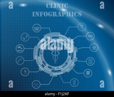 Clinic Infographic Template From Technological Gear Sign, Lines and Icons. Elegant Design With Transparency on Blue Checkered Background With Light Lines and Flash on It. Vector Illustration. Stock Vector