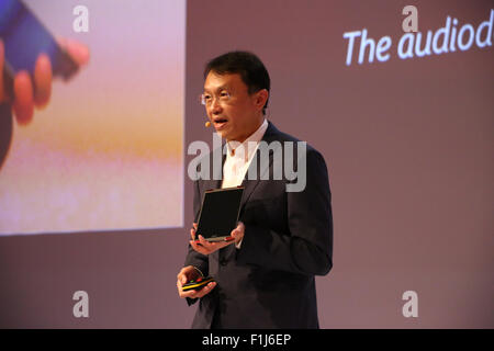 Berlin, Germany, 2st September, 2015: CEO of Acer, Jason Chen presents recent Predator 8 gaming tablet during media conference at IFA consumer electronics unlimited fair 2015. Stock Photo