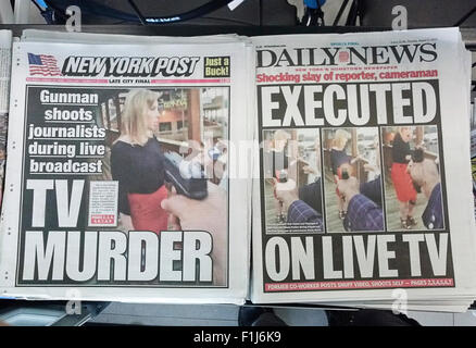 The New York Daily News and the New York Post report on Thursday, August 28, 2015 about the previous days shooting of WDBJ reporter and cameraman Alison Parker and Adam Ward allegedly by dformer employee Vester Lee Flanagan II. (© Richard B. Levine) Stock Photo