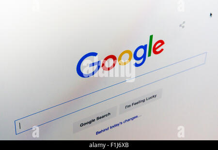 The homepage website and logo of Google are seen on a computer screen Tuesday, September 1, 2015. Google revealed their new san serif four color logo today. Recently the company restructured with Google coming under the umbrella of a new company, Alphabet. (© Richard B. Levine) Stock Photo