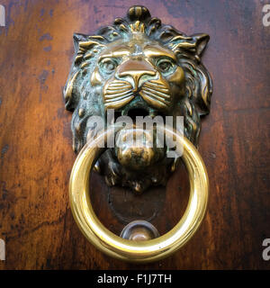 Traditional door knocker on a wooden door, brass made, showing the face of a lion. Typical ornament for old italian houses. Stock Photo