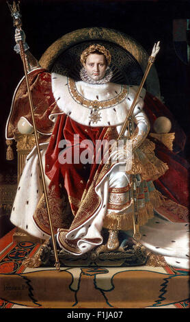 Napoleon I on his Imperial Throne in his coronation costume, painted by the French painter Ingres in 1806. Napoléon Bonaparte, born Napoleone di Buonaparte; 15 August 1769 – 5 May 1821) was a French military and political leader who rose to prominence during the French Revolution and its associated wars. Stock Photo
