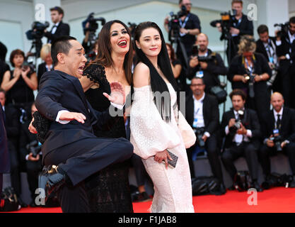 Venice, Italy. 2nd Sep, 2015. Chinese actress Viann Zhang (R) and Italian actress Maria Grazia Cucinotta (C) attend the premiere of 'Everest' and the opening ceremony of the 72th Venice Film Festival in Venice, Italy, Sept. 2, 2015. Credit:  Jin Yu/Xinhua/Alamy Live News Stock Photo