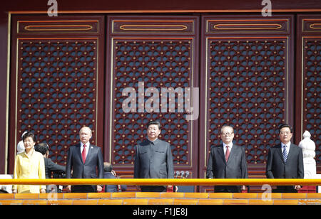 Beijing, China. 3rd Sep, 2015. Chinese President Xi Jinping (C), former presidents Jiang Zemin (2nd R) and Hu Jintao (1st R), Russian President Vladimir Putin (2nd L) and President Park Geun-hye (1st L) of the Republic of Korea watch the military parade during the commemoration activities to mark the 70th anniversary of the victory of the Chinese People's War of Resistance Against Japanese Aggression and the World Anti-Fascist War, in Beijing, capital of China, Sept. 3, 2015. Credit:  Ju Peng/Xinhua/Alamy Live News Stock Photo