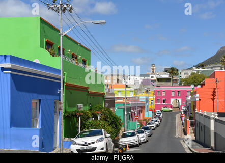 Colourful houses of Cape Malay Bo-Kaap district, Chiappini Street, Cape Town, Western Cape Province, Republic of South Africa Stock Photo