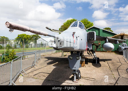 Manston Airport Museum. British GR3 Jaguar close support and nuclear strike fighter on former airport apron, now fenced off as outdoor display. Stock Photo