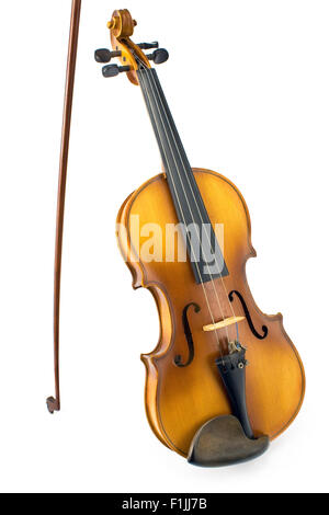 Old Violin with Bow isolated on white Stock Photo