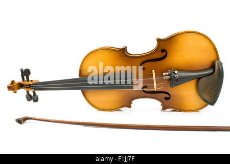 Old Violin with Bow isolated on white Stock Photo