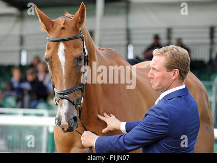 Stamford, UK. 2nd September, 2015. Land Rover Burghley Horse Trials 2015, Stamford England. Oliver Townend (GBR) ridingÊArmada   during the First Inspection Credit:  Julie Badrick/Alamy Live News Stock Photo