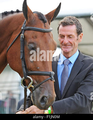 Stamford, UK. 2nd September, 2015. Land Rover Burghley Horse Trials 2015, Stamford England. Mark Todd (NZL) ridingÊLeonidas Ii during the First Inspection Credit:  Julie Badrick/Alamy Live News Stock Photo