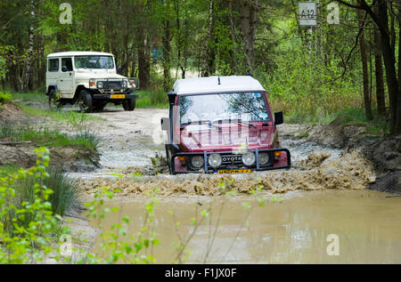 A Toyota is driving through a pond of water on a special off the road terrain for land cruisers and vehicles Stock Photo