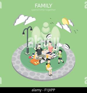 family having a picnic concept in flat 3d isometric graphic Stock Vector