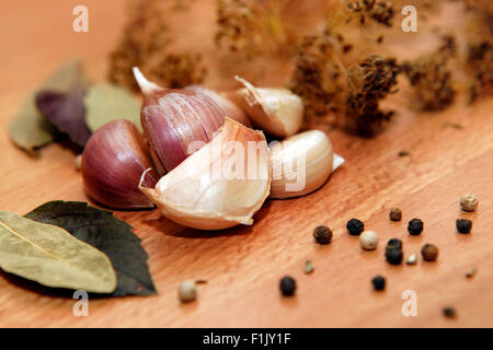 Bay leaves, pepper, dill, garlic - Ingredients for pickling Stock Photo