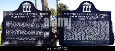 The two sides of an historical marker explain the importance of red cedar and other trees to the Cedar Keys, small barrier islands in Florida, USA. Stock Photo