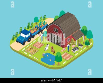 adorable farmland concept in flat 3d isometric graphic Stock Vector