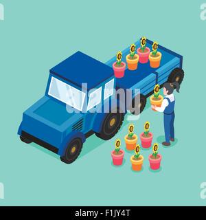 flower transportation concept in flat 3d isometric graphic Stock Vector