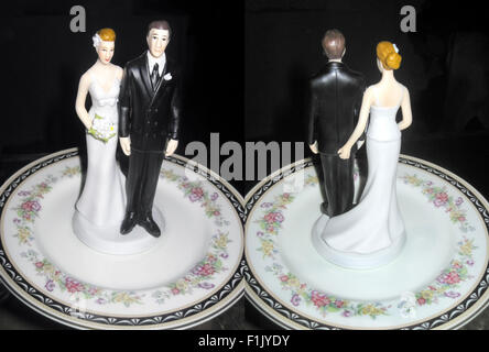 Front and rear views of a bride-and-groom figurine waiting to be put on the top of a wedding cake reveal that the bride has a sense of humor. Stock Photo