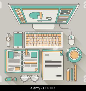 top view of work place concept in thin line style Stock Vector