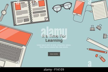 education concept: top view of workplace in thin line style Stock Vector